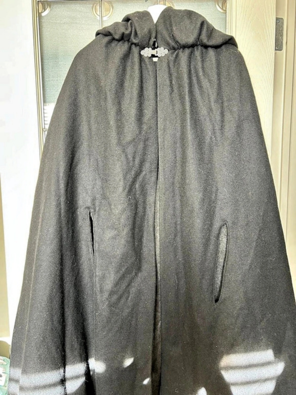 Handmade Wool Long Black Cape with Decorative Clasp